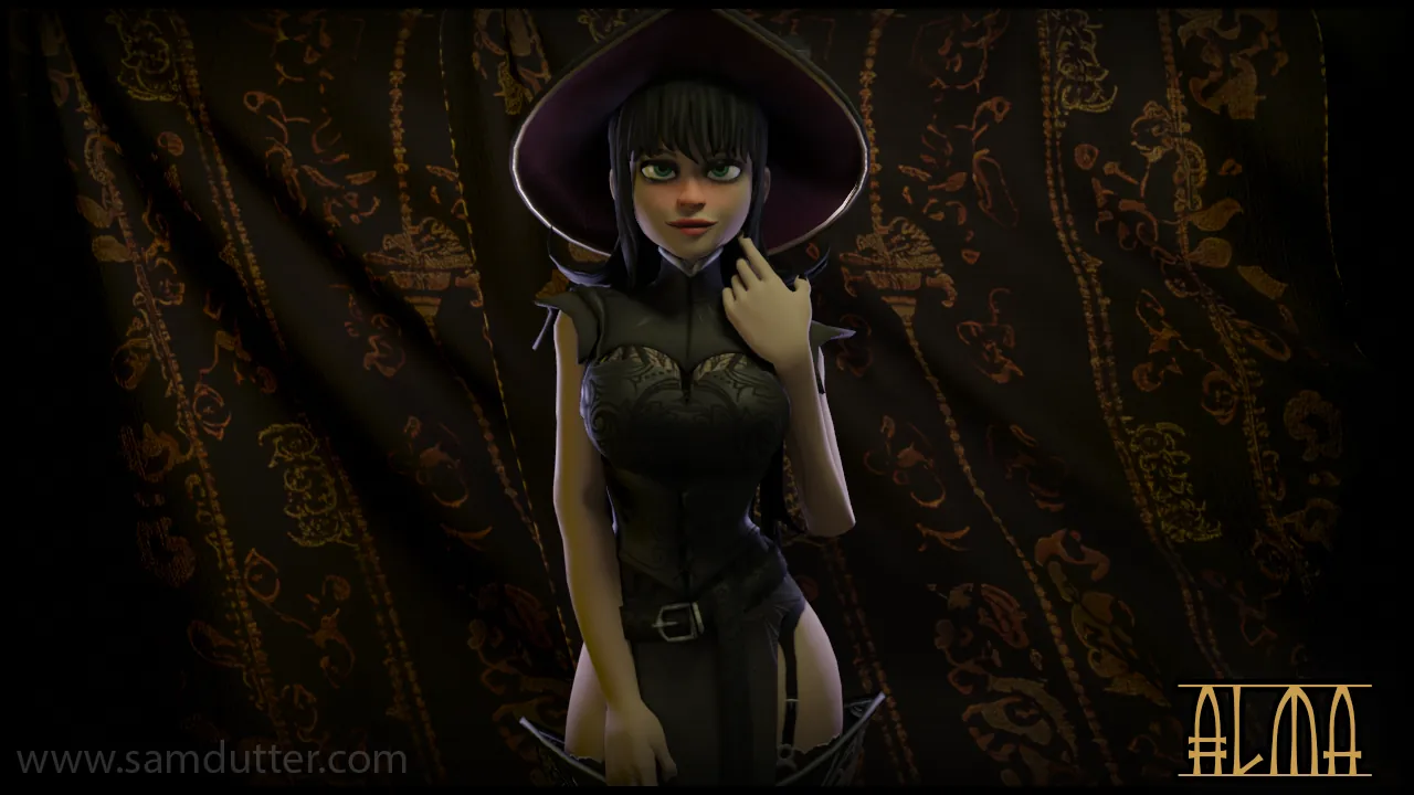Alma, a shadowy enchantress character by Sam Dutter, in a candle-lit room